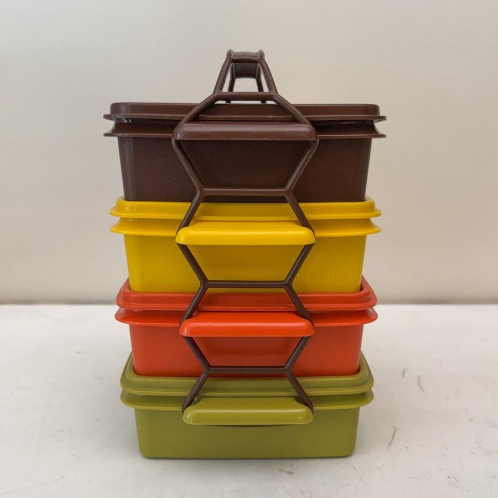 VTG 70s Tupperware Square Away Stacking Sandwich Keeper w/Handle Strap Harvest